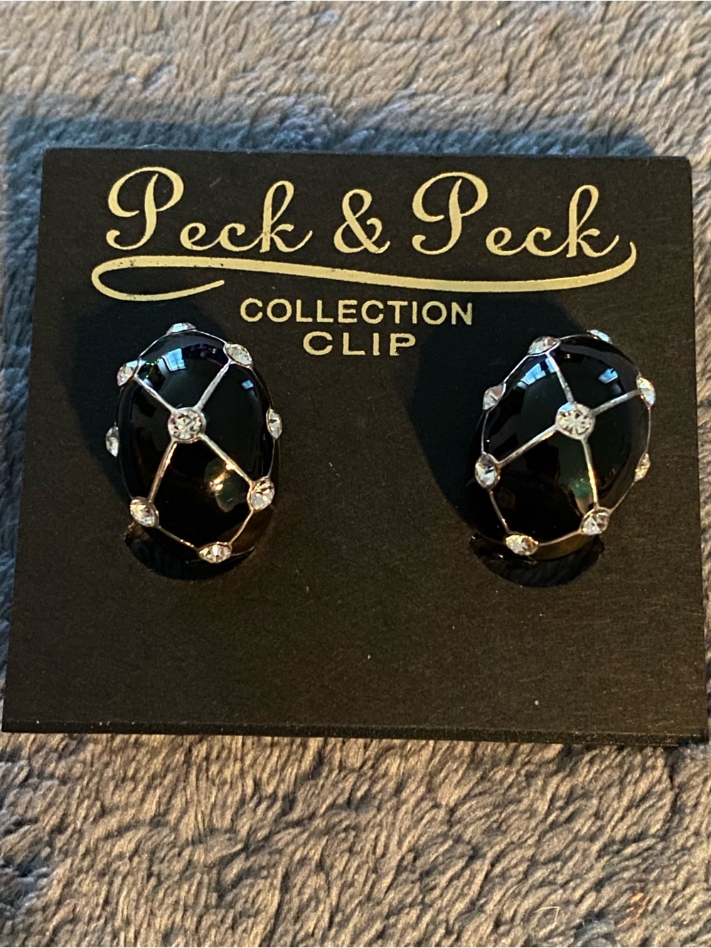 Vintage 90s Black and Silver Crystal Clip-On Earrings Y2K